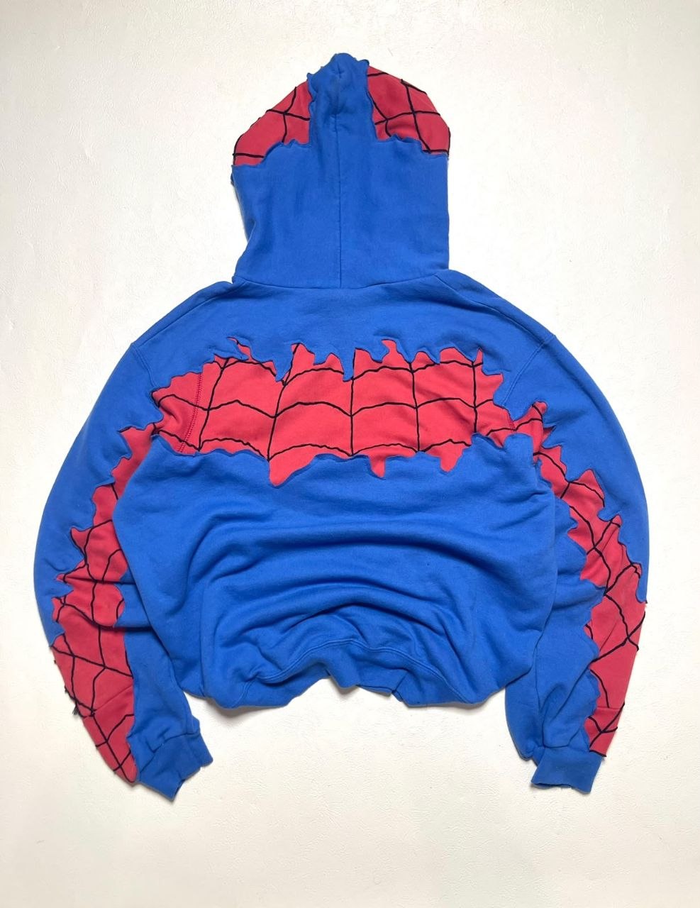Spider-man blue and red reworked hoodie, back view