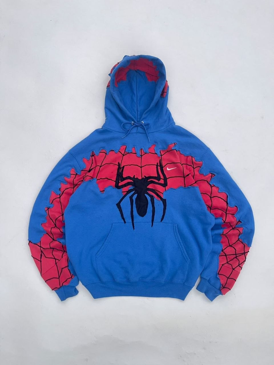 Spider-man blue and red reworked hoodie, front view