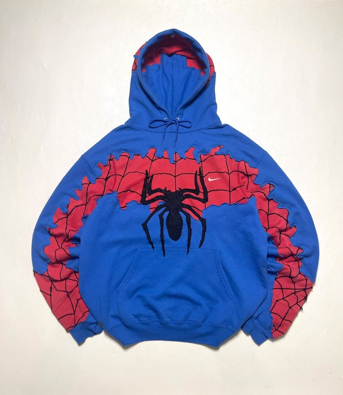 Spider-man blue and red reworked hoodie, front view